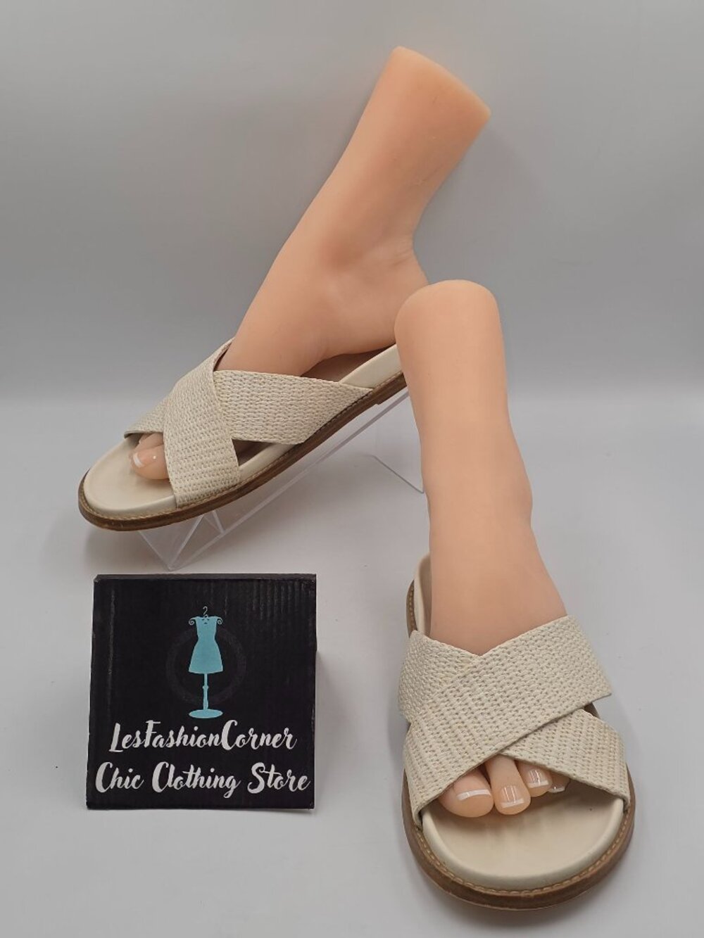 Joie Women’s Beige Nell Slide Crisscross Woven Strap Slip-On Sandals Sz 8M  3826